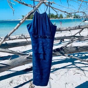 Adrianna Papell Teal Blue Beaded Tiered Halter Neck Cocktail Dress Size 10